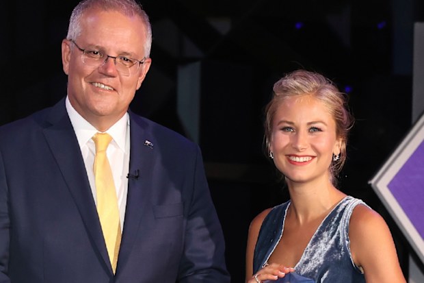 2021 Australian of the Year Grace Tame and Prime Minister Scott Morrison during the 2021 Australian of the Year Awards ceremony at the National Arboretum in Canberra on Monday 25 January 2021
