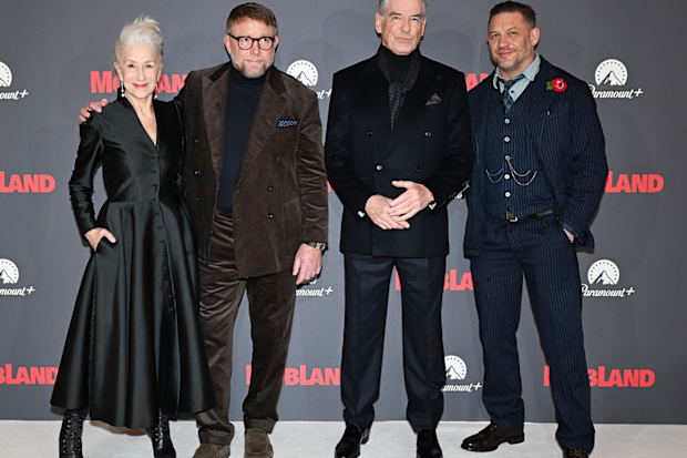 Dame Helen Mirren, Guy Ritchie, Pierce Brosnan and Tom Hardy at the Global Premiere of MobLand at Odeon Luxe Leicester Square on March 27, 2025 in London, England.