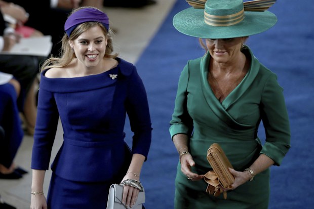 Princess Beatrice and mother Sarah Ferguson at Princess Eugenie's wedding, October 2018.