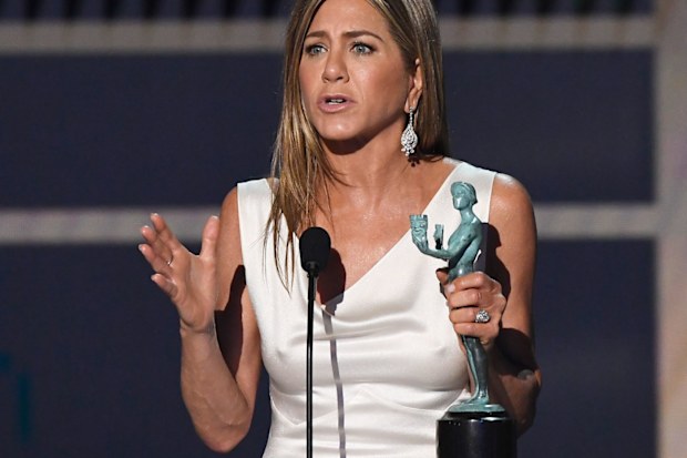 Jennifer Aniston accepts Outstanding Performance by a Female Actor in a Drama Series for 'The Morning Show' onstage during the 26th Annual Screen Actors Guild Awards at The Shrine Auditorium on January 19, 2020 in Los Angeles, California