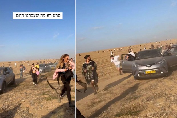Festivalgoers flee across an empty field, trying to escape Hamas militants who invaded at a music festival near the Gaza-Israel border.
