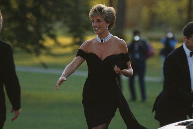 Princess Diana wearing a little black dress and pearl choker, her 'revenge' dress.