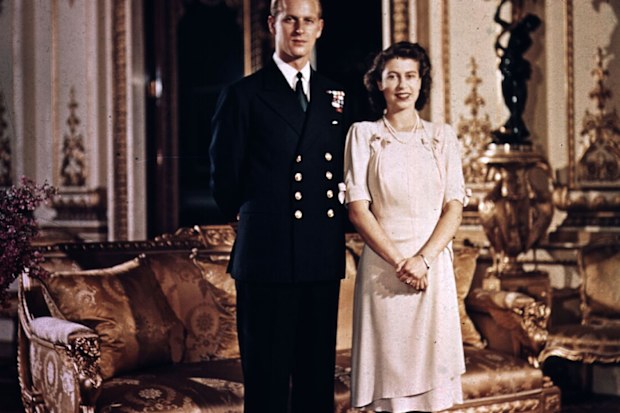 Prince Philip and Princess Elizabeth in Buckingham Palace in 1947.
