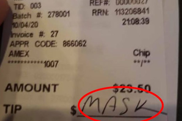 Waitress says customer wrote 'mask' on receipt in lieu of tip after she reminded him of policy
