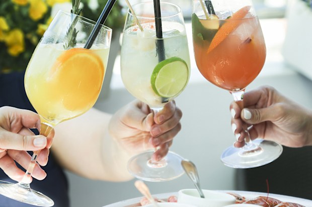 Cheering with cocktails, summer party outdoors