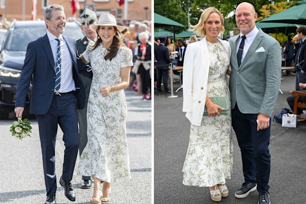 Zara Tindall arrived at Wimbledon on July 10, wearing the Shadow Berry Print Maxi Dress by British brand ME+EM just hours after Queen Mary was spotted wearing the very same dress.