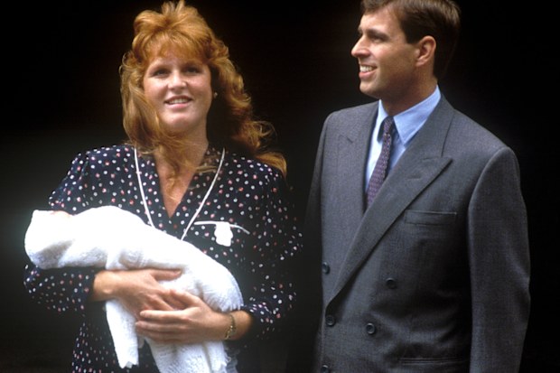 Prince Andrew, Duke of York, and Sarah, Duchess of York, leave Portland Hospital, London, with their newborn daughter Princess Beatrice, 12th August 1988. 