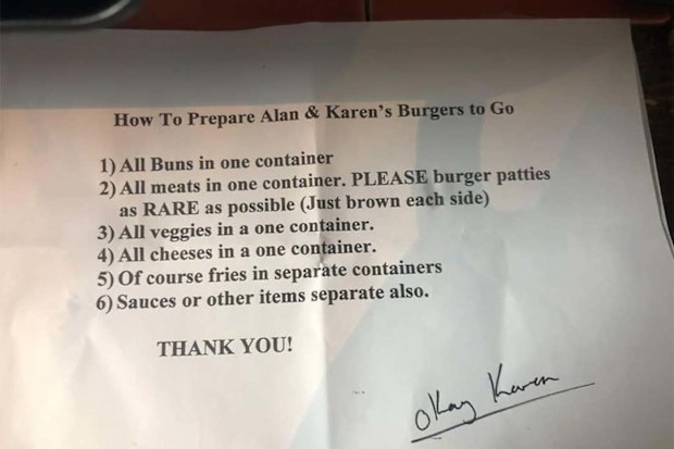 A note of customer requests with the title "How to prepare Alan and Karen's Burgers to Go"