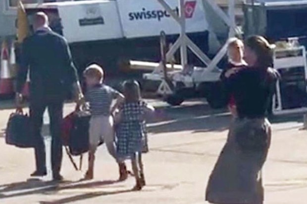 William, Kate and their children take a budget flight to visit the Queen.