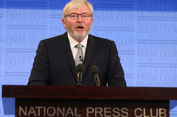Former Prime Minister Kevin Rudd during his address to the National Press Club of Australia in Canberra 