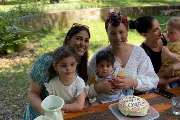 Claudia Cataldo with her sister, niece and nephew during cancer treatment.