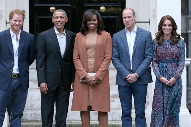 Prince William, Duke of Cambridge and Catherine, Duchess of Cambridge greet US President Barack Obama and First Lady Michelle Obama as they dine at Kensington Palace.