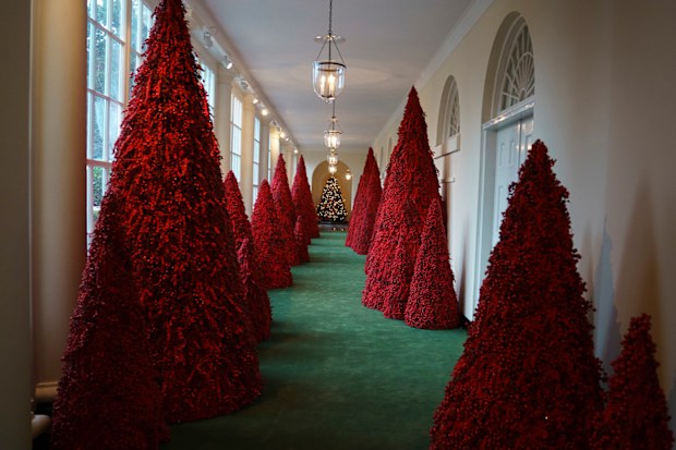 Melania Trump's red Christmas trees in the White House in 2018.