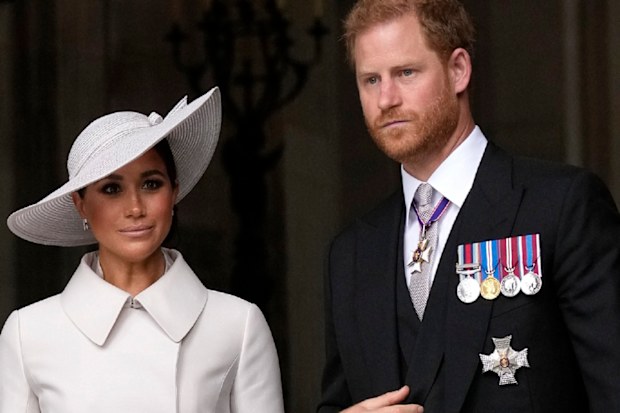 LONDON, ENGLAND - JUNE 03: Meghan, Duchess of Sussex and Prince Harry, Duke of Sussex depart the National Service of Thanksgiving at St Paul's Cathedral on June 03, 2022 in London, England. The Platinum Jubilee of Elizabeth II is being celebrated from June 2 to June 5, 2022, in the UK and Commonwealth to mark the 70th anniversary of the accession of Queen Elizabeth II on 6 February 1952.  (Photo by Chris J Ratcliffe/Getty Images)