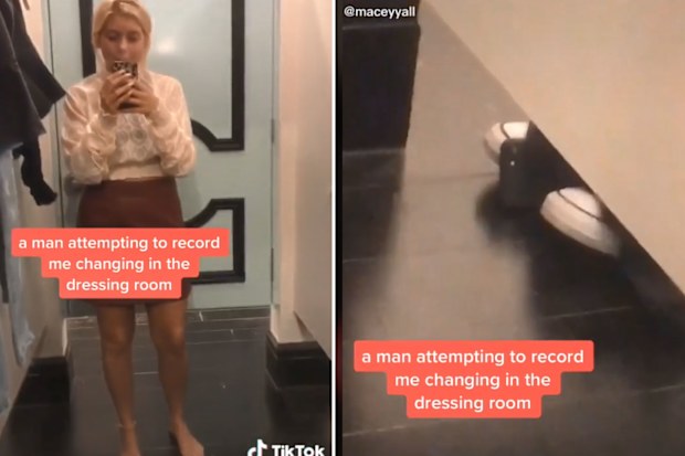 Woman records man filming her in change room