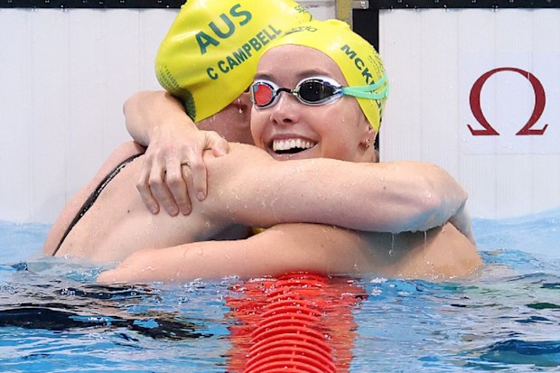 Emma McKeon is congratulated by teammate Cate Campbell after winning gold medal in the Women's 100m Freestyle Final.