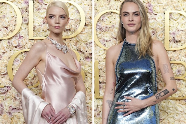 Anya Taylor-Joy and Cara Delevingne arrive at the 82nd Golden Globes on Sunday, Jan. 5, 2025, at the Beverly Hilton in Beverly Hills, Calif.