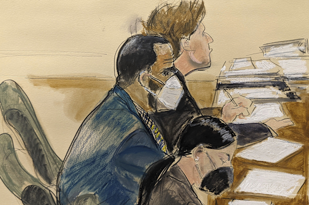 In this courtroom artist's sketch R. Kelly, left, listens during his trial in New York, Thursday, Aug. 26, 2021. The 54-year-old Kelly has repeatedly denied accusations that he preyed on several alleged victims during a 30-year career highlighted by his mega hit 'I Believe I Can Fly'.