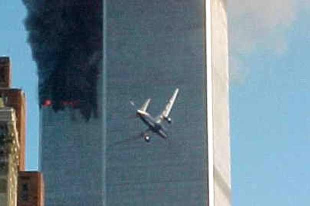 A jet airliner is lined up on one of the World Trade Center towers in New York. In the most devastating terrorist attack ever waged against the United States, knife-wielding hijackers crashed two airliners into the World Trade Center.