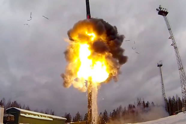 A Yars intercontinental ballistic missile is launched from a Russian air field during military drills.