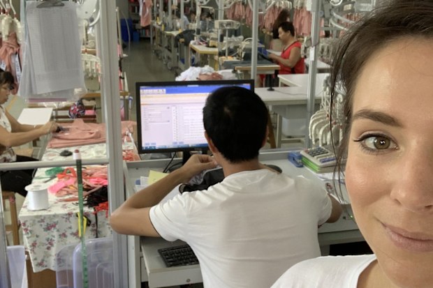 Rachael in China visiting one of the factories where Marvell Lane swimsuits are made.