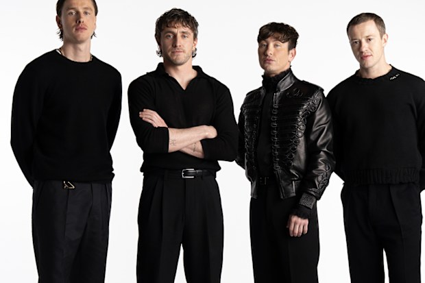 Cast of The Beatles - A Four-Film Cinematic Event: Harris Dickinson (John Lennon), Paul Mescal (Paul McCartney), Barry Keoghan (Ringo Starr), and Joseph Quinn (George Harrison). 