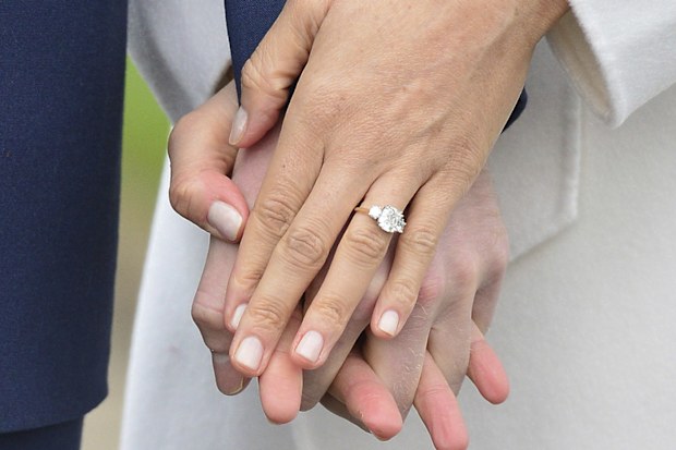 Meghan Markle wears her engagement ring as she poses with Britain's Prince Harry for the media in the grounds of Kensington Palace in London, Monday Nov. 27, 2017. 