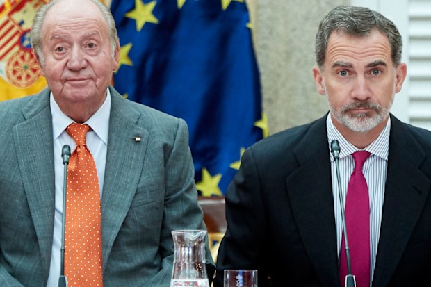 King Juan Carlos (left) and King Felipe VI of Spain (right) attend a meeting with COTEC Foundation at the Royal Palace on May 14, 2019 in Madrid, Spain.