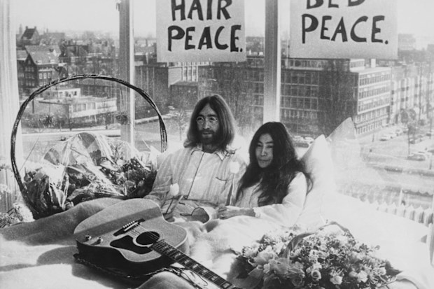 John Lennon and Yoko Ono's bed-in protest in Amsterdam.