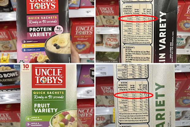 A box of Uncle Toby's protein porridge costs much more per 100g than the original version.