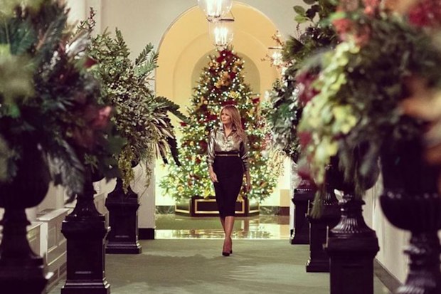 Melania Trump with her 2020 White House Christmas decorations.