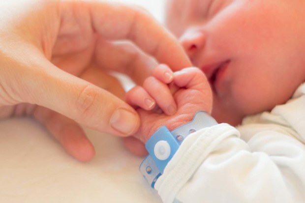 Sleeping newborn baby with adult holding it's hand