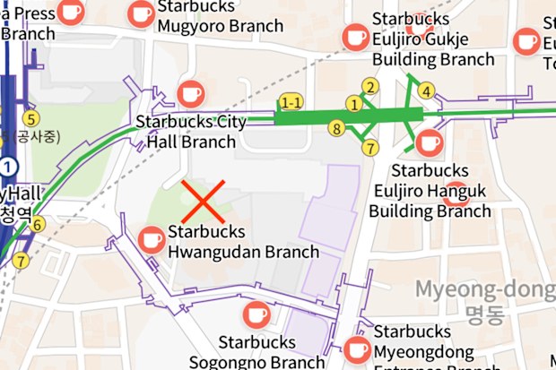 A screenshot from Naver Map shows all the Starbucks locations near the hotel (marked with an X).