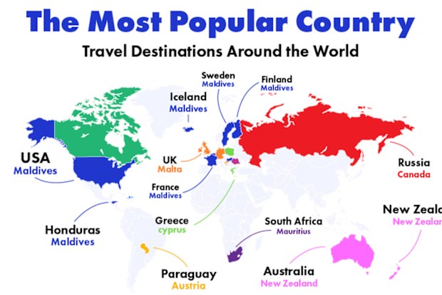 Map of countries colour coded by most popular