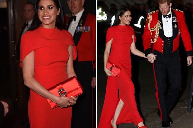 meghan red cape dress Here's How to Get Meghan Markle's Regal Cape Dress Look for Way Less