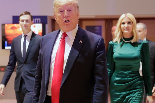 US President Donald Trump, Ivanka Trump and Jared Kushner, left, leave after attemding session at the World Economic Forum in Davos, Switzerland, Tuesday, Jan. 21, 2020.
