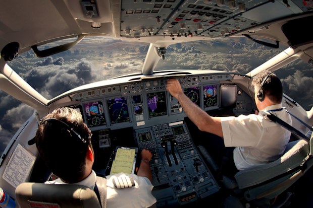 Flight deck of modern passenger jet aircraft.
