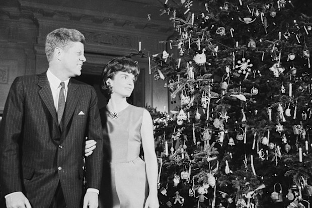 John F. and Jackie Kennedy with their 1962 White House Christmas tree.