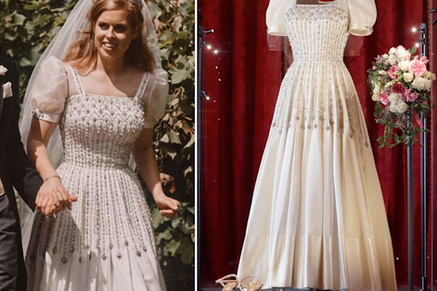 Princess Beatrice on her wedding day and her dress on display at Windsor Castle