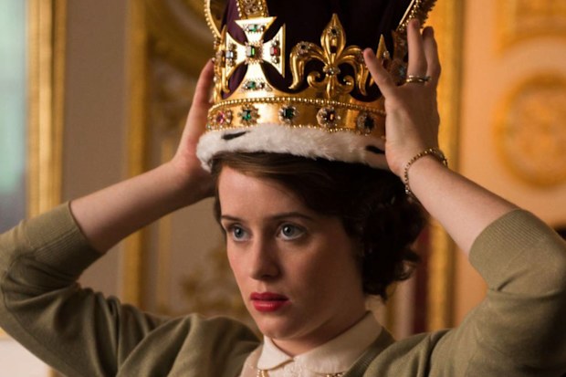 Claire Foy as Queen Elizabeth in The Crown trying on the a replica of the St Edward's Crown 1
