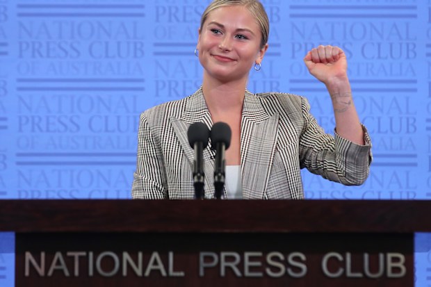 2021 Australian of the Year Grace Tame during her address to the National Press Club of Australia in Canberra on Wednesday 3 March 2021. fedpol Photo: Alex Ellinghausen