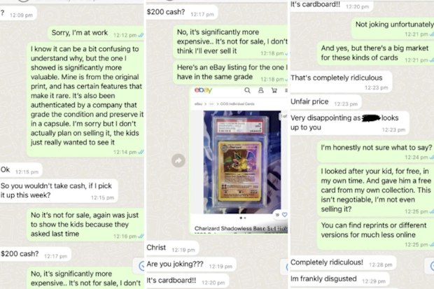 Mum furious as man doesn't want to sell Pokémon card.