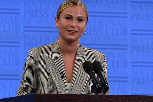 Grace Tame speaks at the National Press Club on March 03, 2021 in Canberra, Australia. Tame, named Australian of the Year for her advocacy work for sexual assault survivors, has called for a definition of consent to be established federally and taught in schools as early as possible.  (Photo by Sam Mooy/Getty Images)