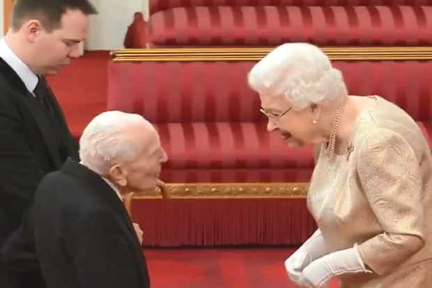 D-Day veteran Horace 'Harry' Billinge is given an MBE by the Queen.
