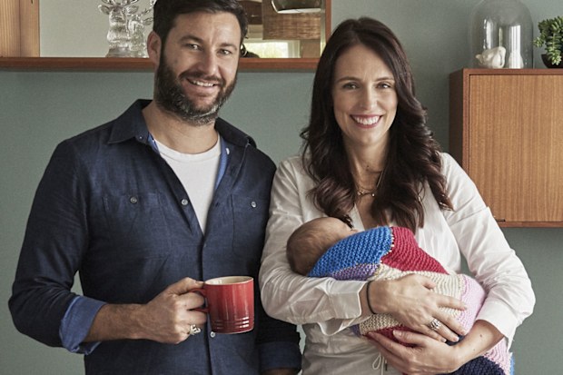 Clarke Gayford and Jacinda Ardern with baby Neve