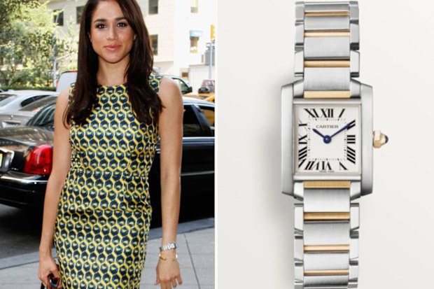 Meghan Markle in 2016, and her Cartier watch
