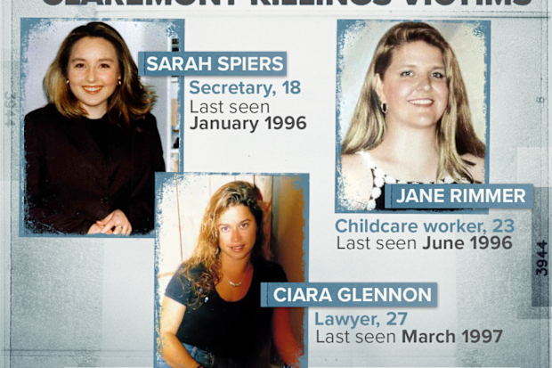 The Claremont killings victims: Sarah Spiers, Ciara Glennon and Jane Rimmer.