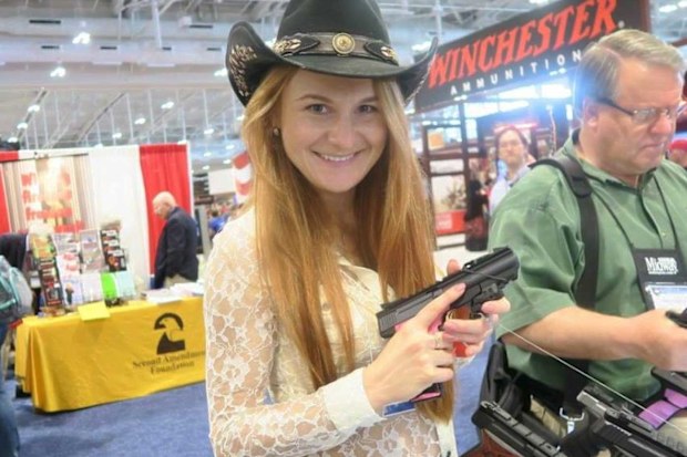Mariia Butina poses with a pistol at a gun show. (Facebook)