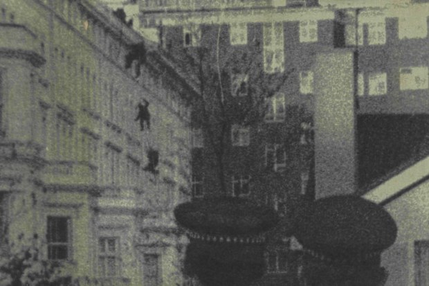 SAS soldiers abseil down the Iranian embassy building in London.