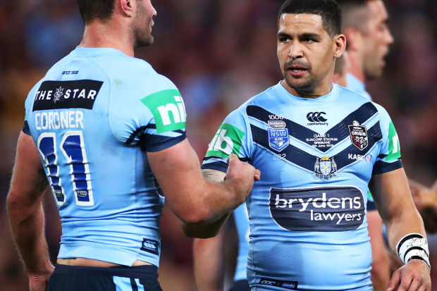 Cody Walker (R) with Boyd Cordner during Origin I. Getty